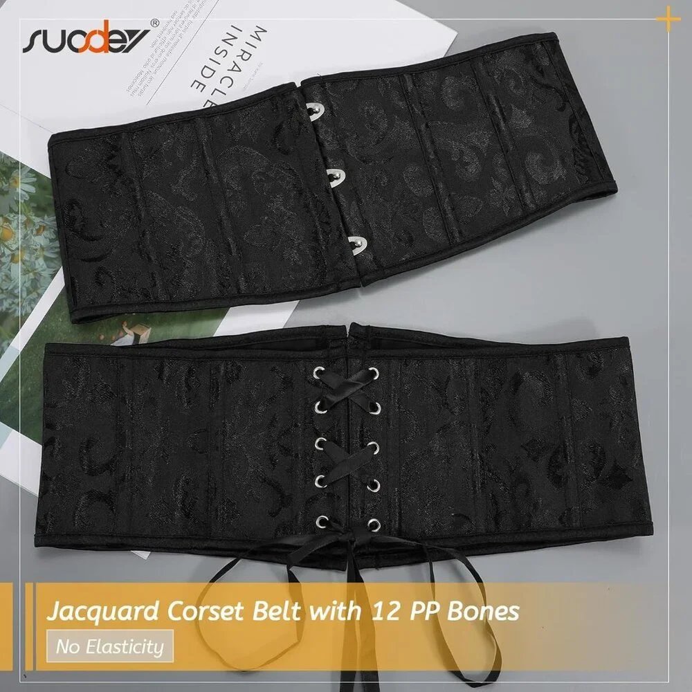 Women's Jacquard Corset Belt Lace Up Bustier Waspie Belt Renaissance Black - Picture 6 of 8